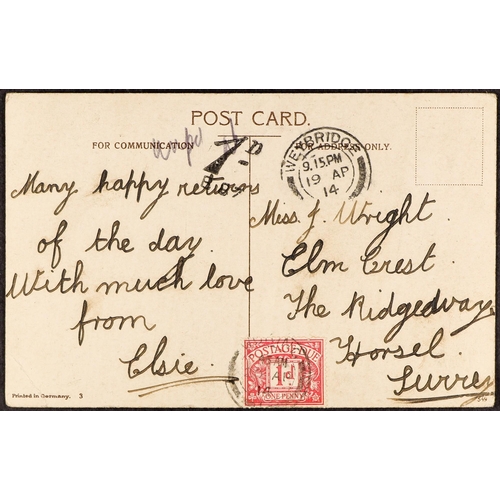 877 - GB.GEORGE V 1914 POSTAGE DUE FIRST DAY an unstamped birthday greetings picture postcard with Weybrid... 