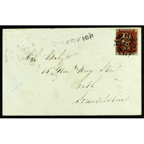 1015 - GB.QUEEN VICTORIA 1844 (13 May) env to Bath bearing 1d red-brown with 4 margins tied by fine NUMBER ... 