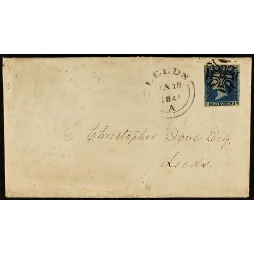 1016 - GB.QUEEN VICTORIA 1844 (17 Jan) EL to Leeds bearing the 1841 2d blue with 4 margins tied by very fin... 