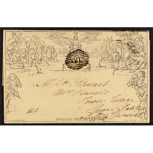 1022 - GB.QUEEN VICTORIA 1851 LATE USE MULREADY. 1851 (25 Apr) 1d black Mulready letter sheet to Ipswich ca... 