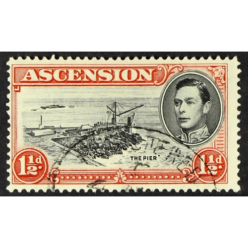 190 - ASCENSION 1938 1½d black and vermilion, perf. 13½, with Davit flaw, SG 40a, fine used. Cat. £225.