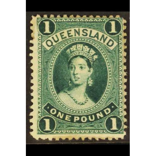 197 - AUSTRALIAN STATES QUEENSLAND 1886 £1 deep green Chalon on thick paper, SG 161, mint with large part ... 