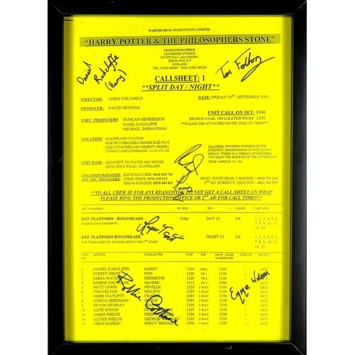 22 - HARRY POTTER SIGNED CALL SHEET with the signatures of Daniel Radcliffe, Tom Felton, Richard Harris, ... 