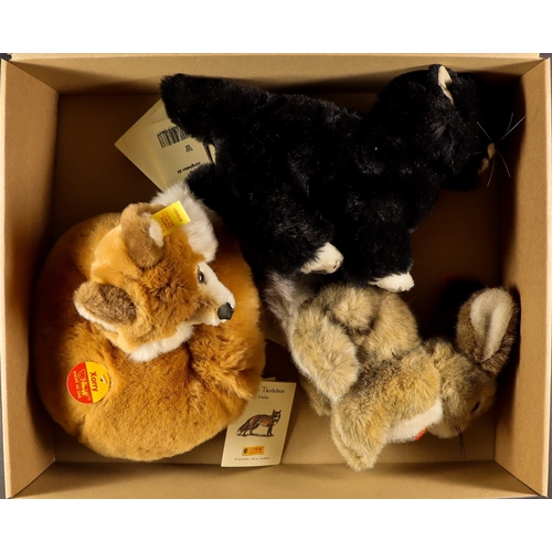 45 - STEIFF CUDDLY TOYS. Comprising of Lying Ring Fox, Xorry (24cm), Sitting Rabbit, Dormili (17cm), and ... 