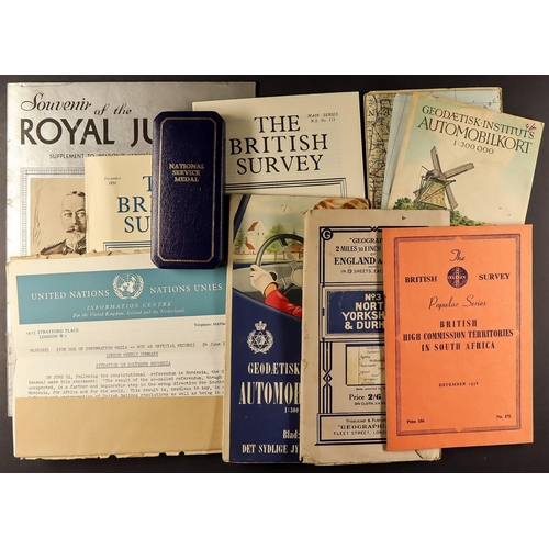 10 - MEDAL, MAPS, ROYALTY AND EPHEMERA. Eclectic mix which includes a Nation Service Medal 1939-1960; old... 