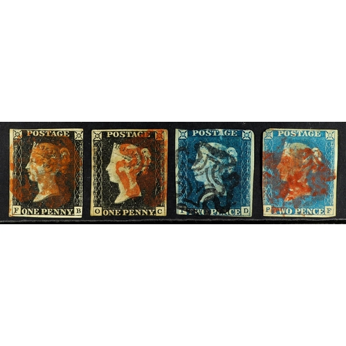 1162 - GB.PENNY BLACKS 1840 1d blacks (2) and 2d blue (2), all used seconds. (4 stamps)