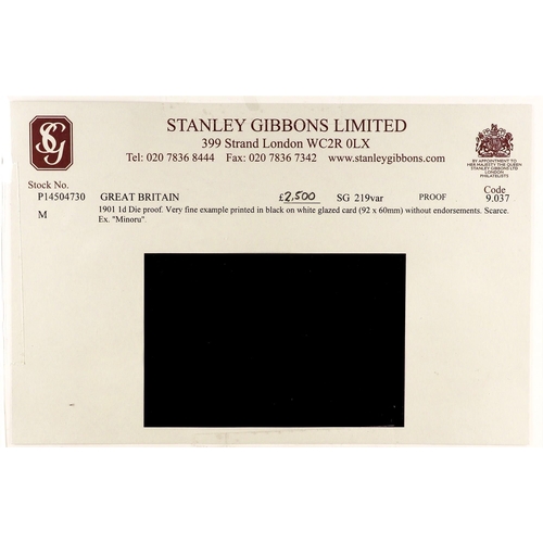 1179 - GB.EDWARD VII 1901 1d Die proof in black on white glazed card (92 x 60mm) without endorsements, cat ... 