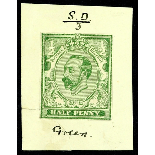 1181 - GB.GEORGE V 1910 DOWNEY TRIAL ½d deep green on white wove paper, cut close and affixed to piece of p... 