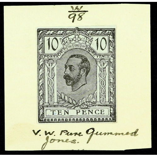 1182 - GB.GEORGE V 1910 DOWNEY TRIAL 10d black on greyish paper, cut close and affixed to piece of thin car... 