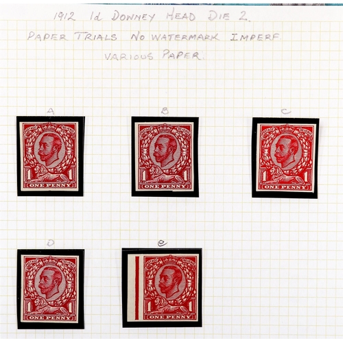 1189 - GB.GEORGE V 1912 DOWNEY PAPER TRIALS. 1d Die 2 no watermark imperforate in carmine & scarlet on 5 di... 