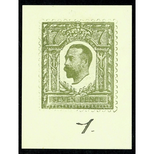 1202 - GB.GEORGE V DOWNEY HEAD - HALF TONE ESSAY small format 7d in deep sage-green on proof paper with ink... 