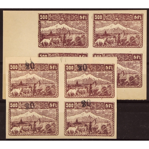 158 - ARMENIA 1919-23 RANGES incl. 1919 2k imperf NHM & 1r perf mint/NHM framed opts blocks of 4, 1920 25r... 