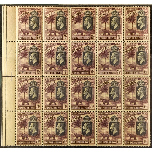 481 - GAMBIA 1922-29 7½d purple on yellow, MCA, SG 119, block of twenty, six reattached by hinges, most st... 