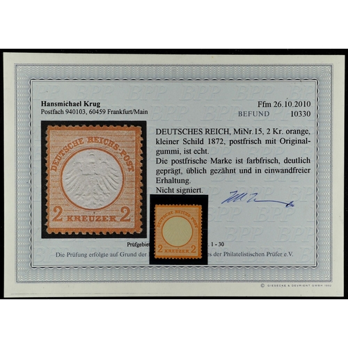 496 - GERMANY 1872 2Kr orange, Mi 15 (SG 10), never hinged mint, with Hansmicheal Krug cert.