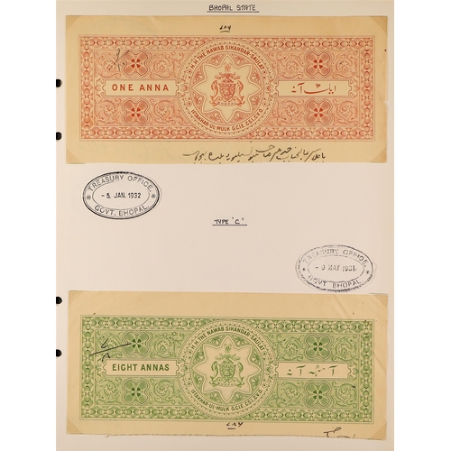 635 - INDIAN FEUDATORY STATES BHOPAL JUDICIAL PAPER HEADINGS 1916-49 collection on pages, each identified ... 