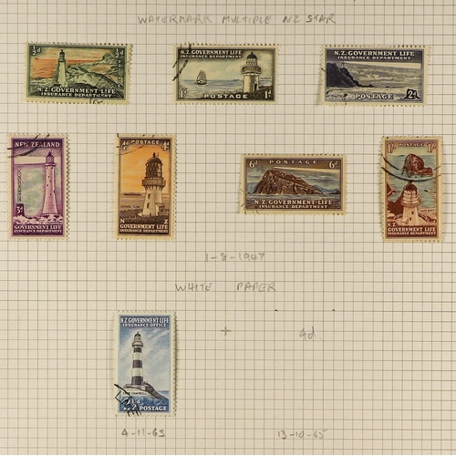 838 - NEW ZEALAND LIFE INSURANCE STAMPS 1937-65 used collection incl. Cowan paper 1937 perf. 14 2d yellow,... 