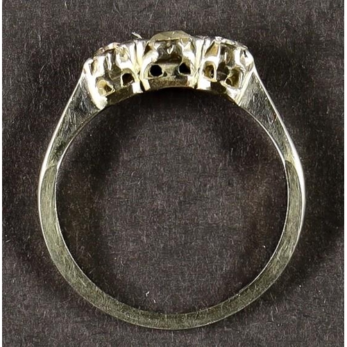 43 - DIAMOND RING with 3 round cut diamonds (estimated 0.33ct) in white claw fitting, ring size J in fair... 