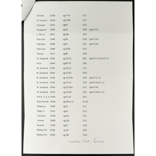 96 - COMMONWEALTH KING GEORGE VI BETTER MINT SETS, VALUES arranged on black protective cards with a list ... 