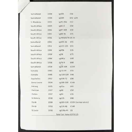 96 - COMMONWEALTH KING GEORGE VI BETTER MINT SETS, VALUES arranged on black protective cards with a list ... 