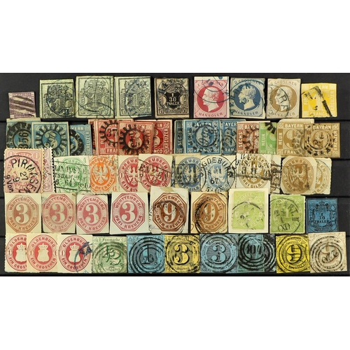 140 - 19th CENTURY STAMPS on four large stockcards, includes three GB Penny Blacks, German States and othe... 