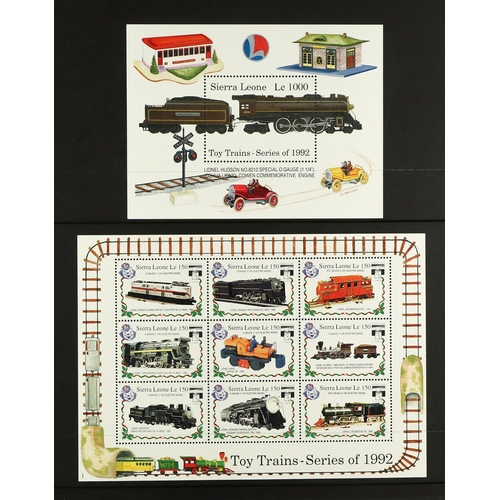 159 - RAILWAYS ON STAMPS & MINIATURE SHEETS. A collection of 1960's - 1990's never hinged mint complete se... 