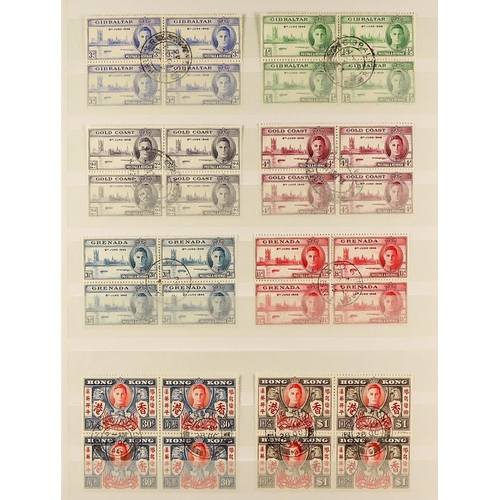 210 - 1946 VICTORY USED BLOCKS. A collection of 1937 Coronation omnibus complete sets, all as very fine us... 