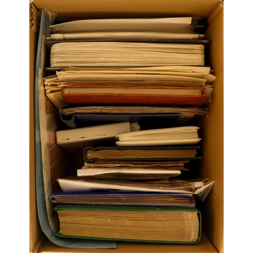 239 - TWO UNSORTED BOXES of albums, album pages, stamps in packets, on stockcards and in tub, and Censor m... 