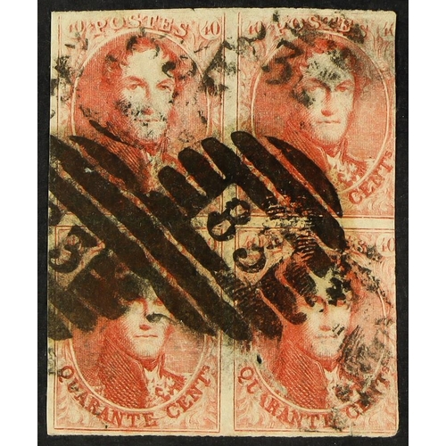 346 - BELGIUM 1861 40c red imperf, SG 15 (Michel 9 II), used block of four with heavy cancellations and pi... 