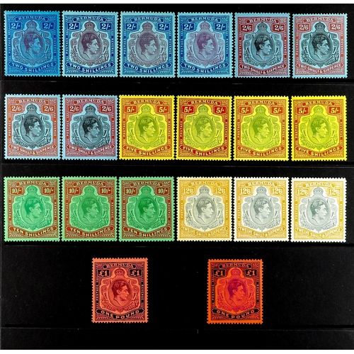 365 - BERMUDA 1938-53 NEVER HINGED MINT 'KEY TYPES' on a stock card, note 2s (4, SG 116c,d,e,f), 2s6d (4, ... 