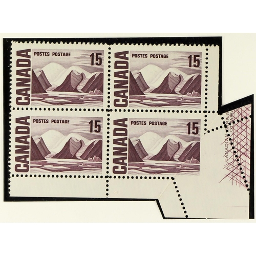 420 - CANADA 1967-73 15c dull purple Centennial block of 4 from the lower-right sheet corner, exhibits dra... 