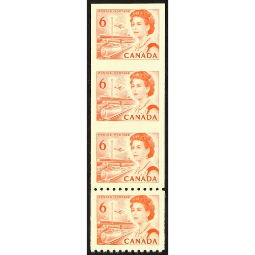 421 - CANADA 1967-73 6c orange-red coil stamp IMPERF. VERTICAL STRIP 4 with normal stamp at the bottom, SG... 