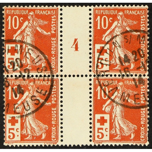 541 - FRANCE 1914 10c+5c red Red Cross Fund Millesime block 4, the upper pair with '4' Milliseime, the oth... 