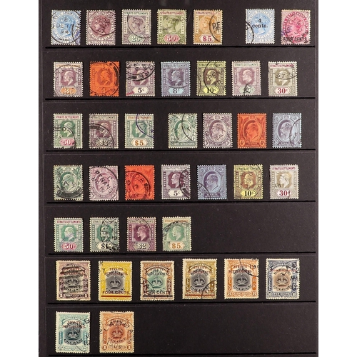 786 - MALAYA-STRAITS SETT. 1867 - 1912 USED COLLECTION on black stock sheets, incl. 1867 8c on 2a, 12c on ... 