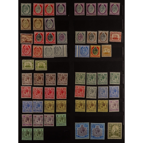 800 - MALTA 1903 - 1953 MINT STAMPS ON STOCK PAGES incl. many high values such as 1922-26 £1, 1926 10s ove... 