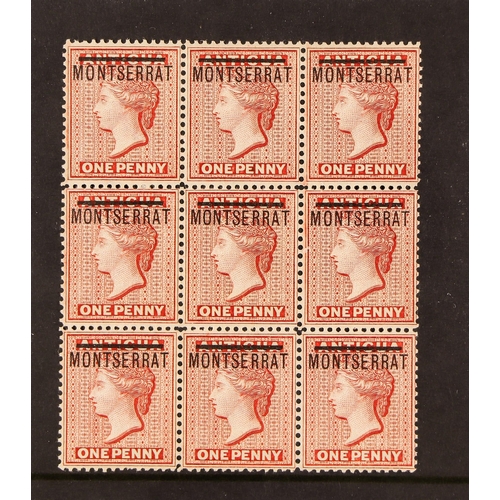 812 - MONTSERRAT 1876-83 1d red Wmk reversed, SG 1x, mint / never hinged mint block of nine, cat £342 as h... 