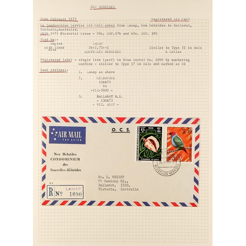 837 - NEW HEBRIDES POSTAL HISTORY / COVERS INCREDIBLE COLLECTION IN 9 ALBUMS. A very well-researched colle... 