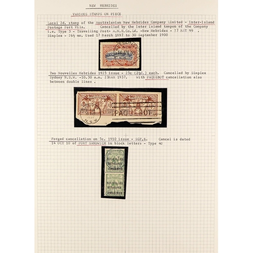 846 - NEW HEBRIDES POSTMARKS STUDY COLLECTION written-up on pages, with stamps incl. Victoria used in, NSW... 