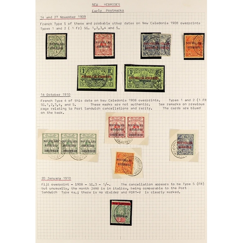 846 - NEW HEBRIDES POSTMARKS STUDY COLLECTION written-up on pages, with stamps incl. Victoria used in, NSW... 