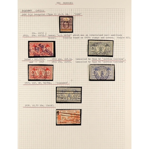 846 - NEW HEBRIDES POSTMARKS STUDY COLLECTION written-up on pages, with stamps incl. Victoria used in, NSW... 