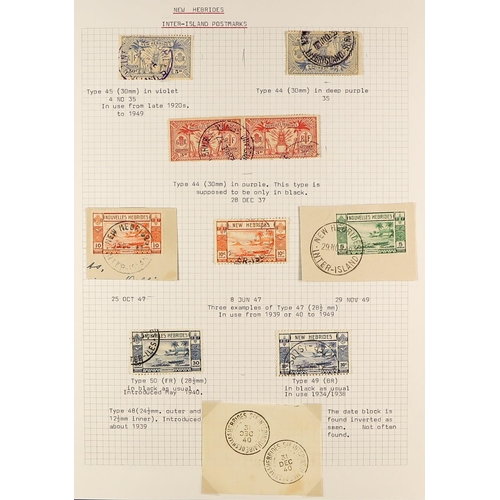 846 - NEW HEBRIDES POSTMARKS STUDY COLLECTION written-up on pages, with stamps incl. Victoria used in, NSW... 