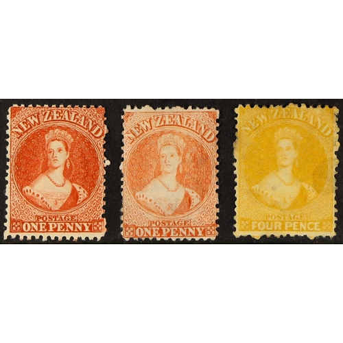 852 - NEW ZEALAND 1864-71 Wmk Large Star perf 12½ 1d carmine-vermilion, 1d pale orange-vermilion, 4d yello... 