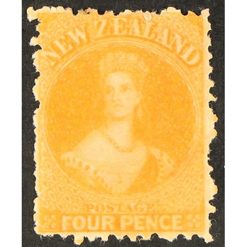 853 - NEW ZEALAND 1873 4d orange-yellow no wmk, perf 12½, SG 139, mint large part OG. Fresh, cat £300
Lot ... 