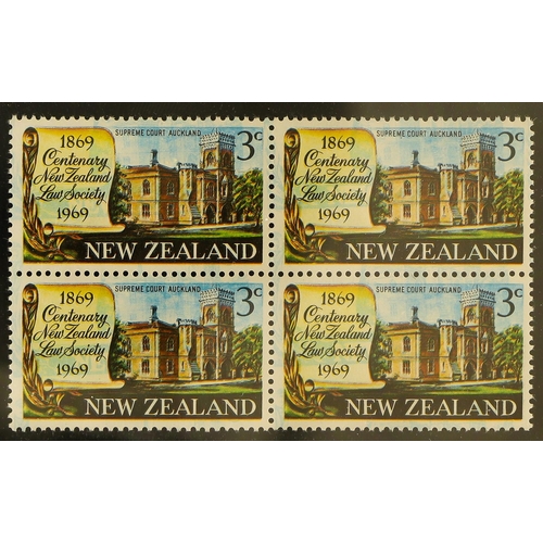 884 - NEW ZEALAND 1969 3c Law Society with BLUE PRINTED DOUBLE, CP S115a(Z), never hinged mint BLOCK OF FO... 