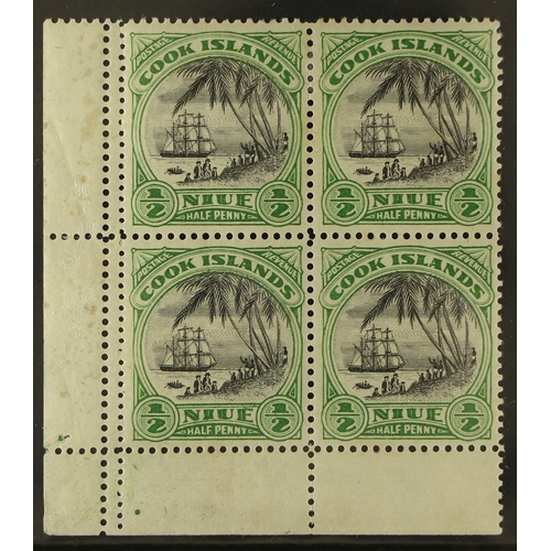 892 - NIUE 1932 ½d black and emerald Capt Cook Landing perf 13x14x13x13 two examples as the vertical left ... 