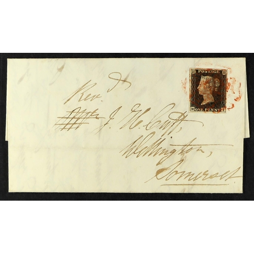 1211 - GB.PENNY BLACKS 1840 (Jly) EL from Reading to Wellington bearing 1d black 'M I' plate 1a with 4 larg... 