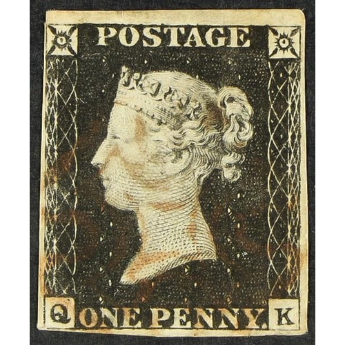 1217 - GB.PENNY BLACKS 1840 1d black, plate 2, 'QK', four margins (close to huge), used with red MX.
Lot 12... 