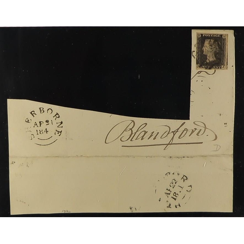 1218 - GB.PENNY BLACKS 1840 1d black 'CJ' plate 10 with just touching to huge margins tied to large cover f... 