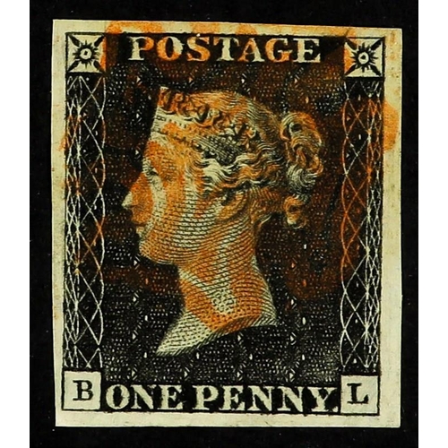 1219 - GB.PENNY BLACKS 1840 1d black 'BL' from plate 1b (doubled top to NW square, scratch over NE square),... 