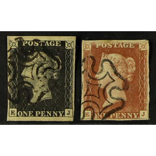 1226 - GB.PENNY BLACKS 1840/41 MATCHED PAIR. 1840 1d black and 1841 1d red-brown imperfs, both 'EJ' plate I... 