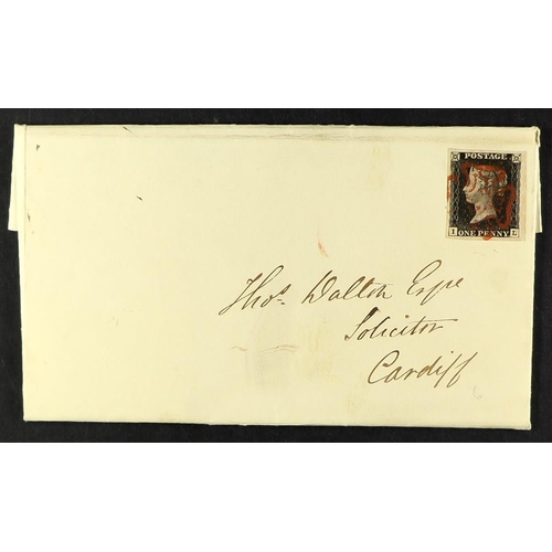 1229 - GB.PENNY BLACKS 1841 (19 Jan) EL from Abergavenny to Cardiff bearing 1d black 'I L' plate 6 with 4 l... 